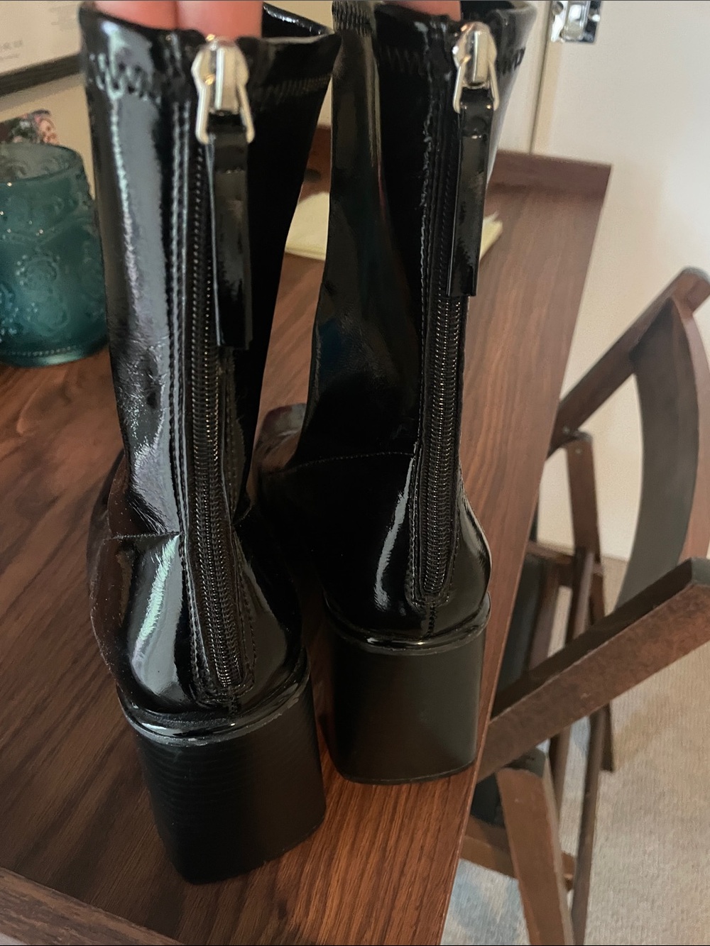 Source Unknown Black Patent Platform Ankle Boots with Rear Zippers